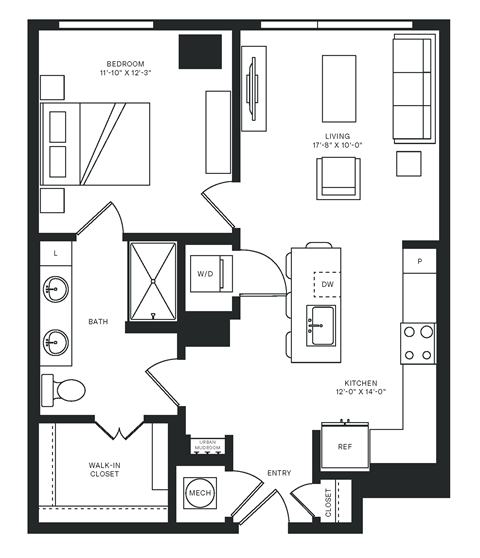 Floor plan for 1 bed, 1 bath, 765 sqft